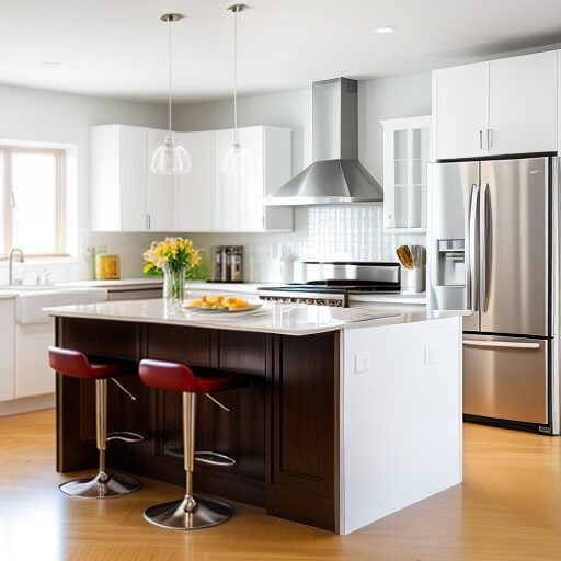 Open-concept farmhouse kitchen with rustic wood beams, farmhouse sink and custom cabinetry, after remodeling
