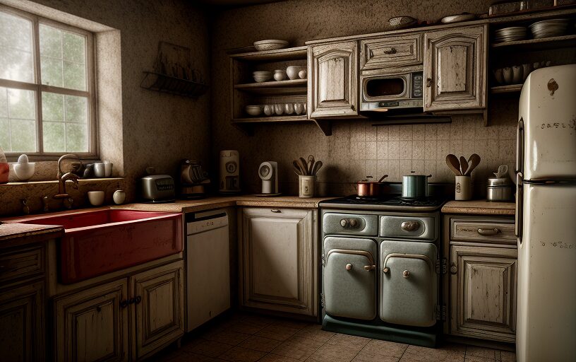 Cramped kitchen with old appliances and minimal storage, before remodeling